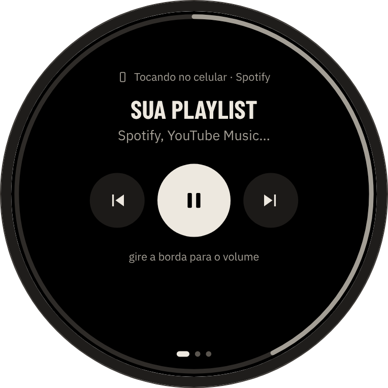 Relógio na tela de música: controles de anterior, pausar e próxima da playlist que toca no celular