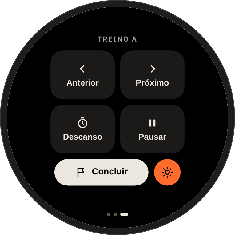 Relógio na tela de opções: Anterior, Próximo, Descanso, Pausar, Concluir e tela ligada