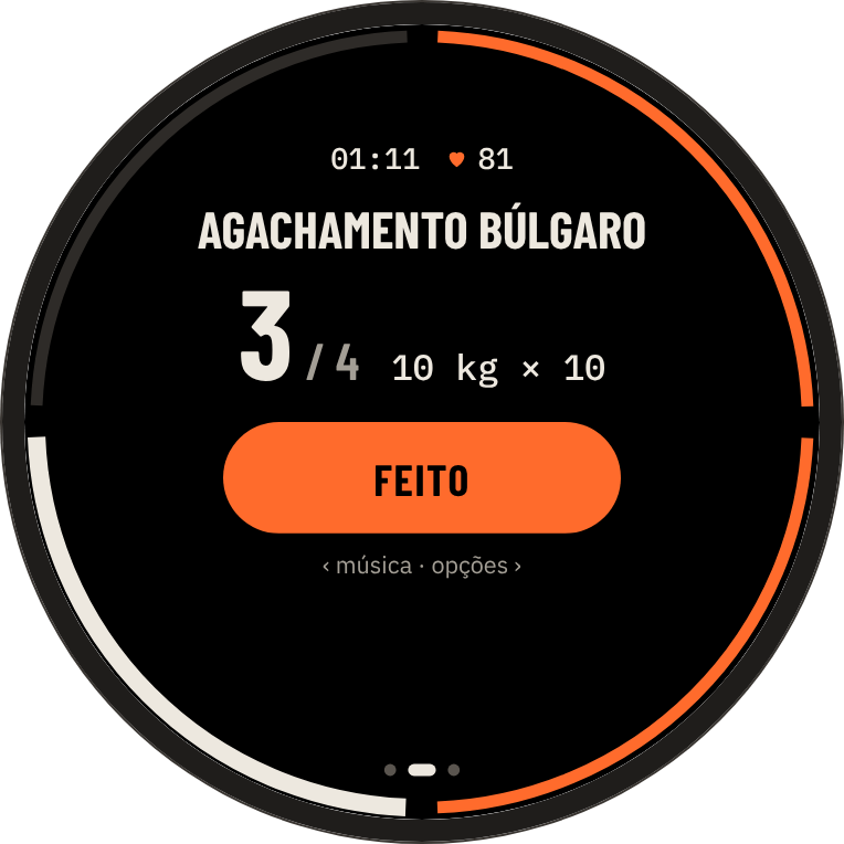 Relógio na tela de série: Agachamento búlgaro, série 3 de 4, 10 kg × 10 e botão Feito